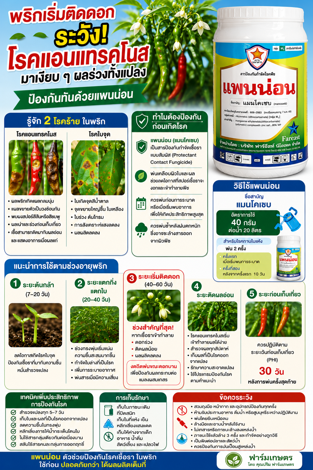 🌶️ พริกระยะเริ่มติดดอก เสี่ยงโรคแอนแทรคโนสและใบจุด! ใช้แพนน่อน (Mancozeb) ป้องกันก่อนเสียผลผลิต
