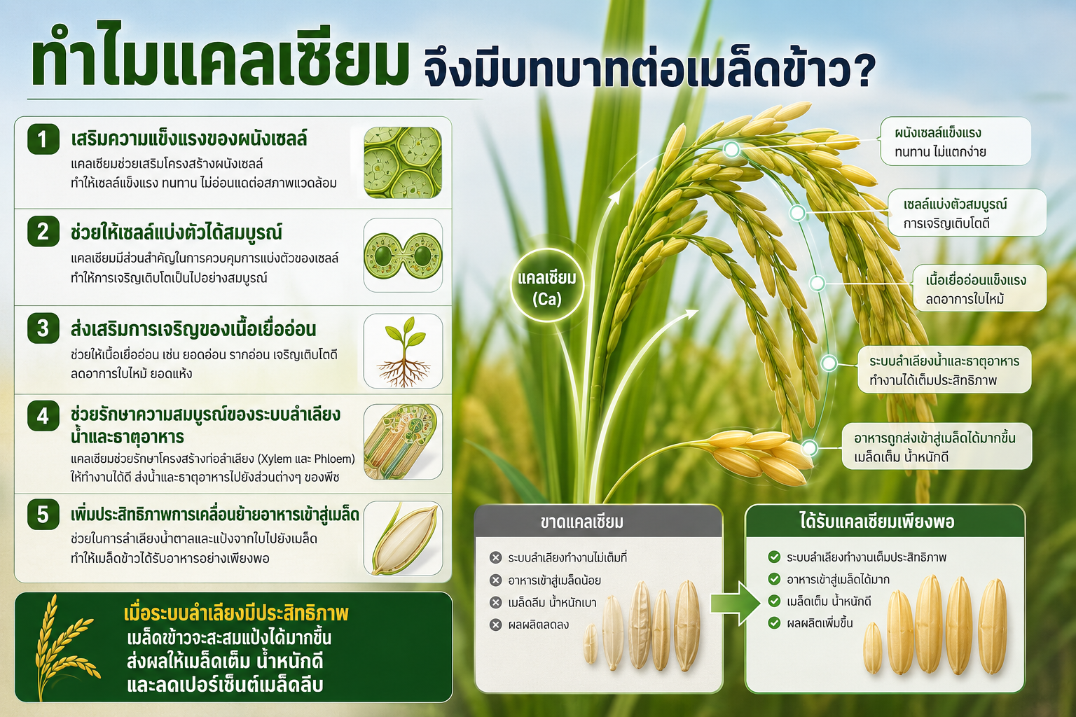 ข้าวท้องไม่เต็มเมล็ด เกิดจากอะไร? วิธีเพิ่มเปอร์เซ็นต์เมล็ดเต็มรวงด้วยแคลเซียมและโบรอน
