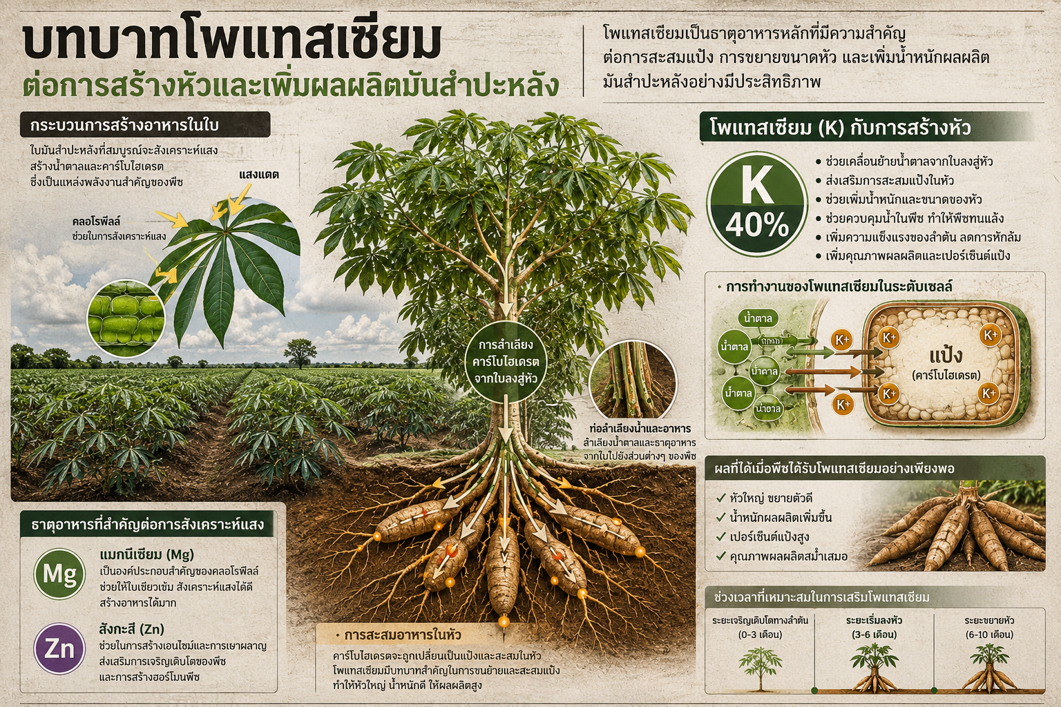 นักวิชาการชี้ ช่วงเริ่มลงหัวคือจุดเปลี่ยนสำคัญของผลผลิตมันสำปะหลัง เผยบทบาทโพแทสเซียมต่อการสะสมแป้งและน้ำหนักหัว