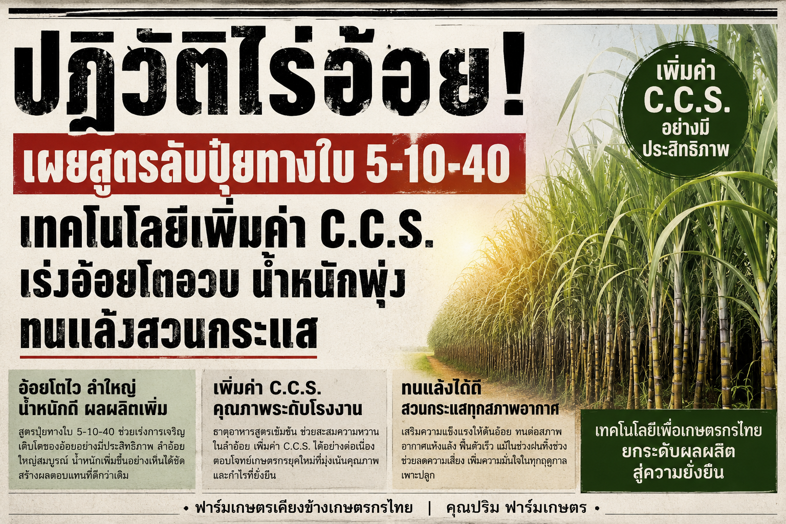 ปฏิวัติไร่อ้อย! เผยสูตรลับปุ๋ยทางใบ 5-10-40 เทคโนโลยีเพิ่มค่า C.C.S. เร่งอ้อยโตอวบ น้ำหนักพุ่ง ทนแล้งสวนกระแส