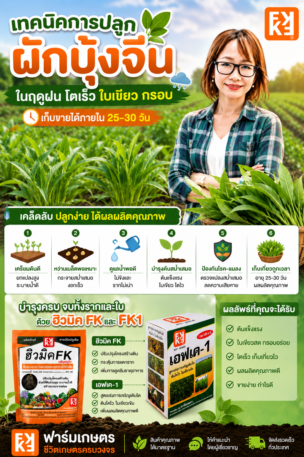 เทคนิคการปลูกผักบุ้งจีนในฤดูฝน โตเร็ว ใบเขียว กรอบ เก็บขายได้ภายใน 25–30 วัน