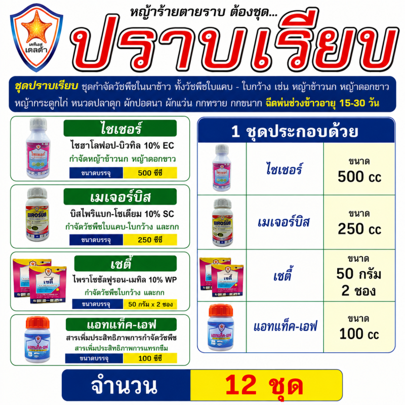 ค้าส่งยกลัง ชุดปราบเรียบในนาข้าว (ไซฮาโลฟอป-บิวทิล 10% EC + บิสไพริแบก-โซเดียม 10% SC+ ไพราโซซัลฟู